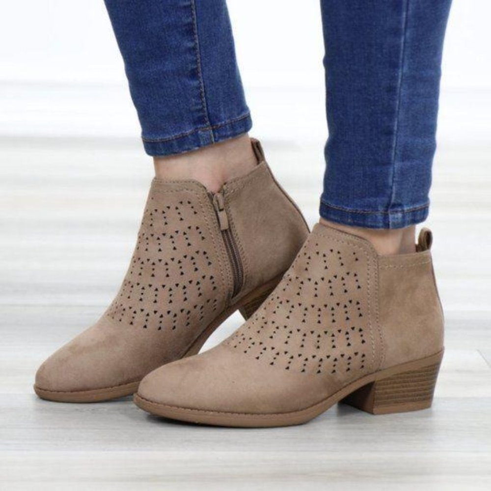 Taupe Suede Ankle Boots Laser Cut Design - Picture 10 of 11